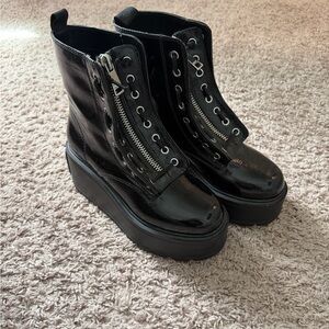 DKNY Shiny Black Platform Moto Boots